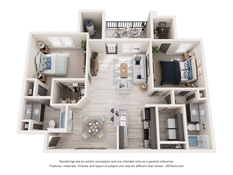 3-D Rendering of a 2-Bedroom, 2-Bathroom Home at Laurel View Apartments in Concord, NC